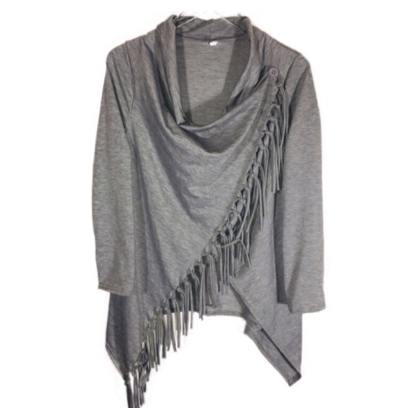 Tops - Lagon Look Gray Scarf Long Sleeve Shirt Fringe Med